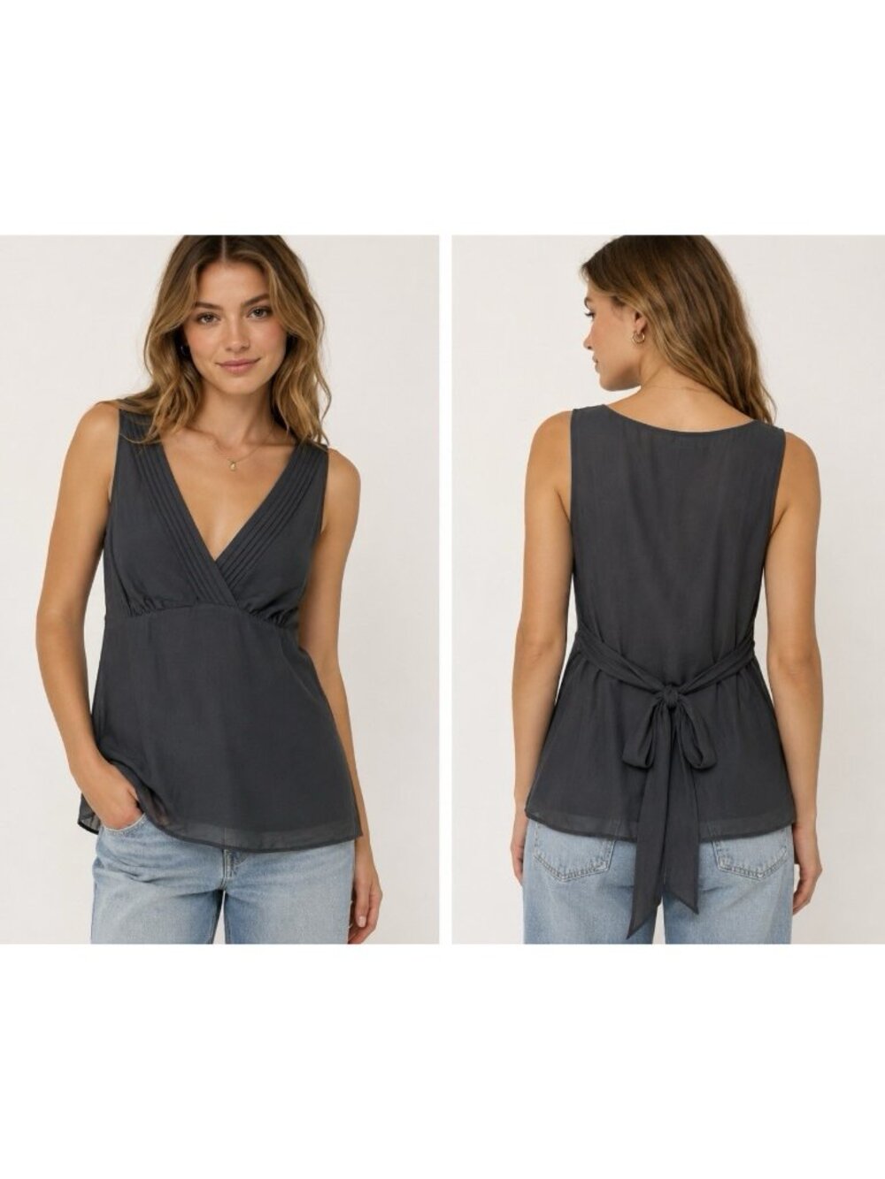 The Limited Silk Y2K Top Large Grey Tie Back Babydoll Fairycore V Neck Plunge